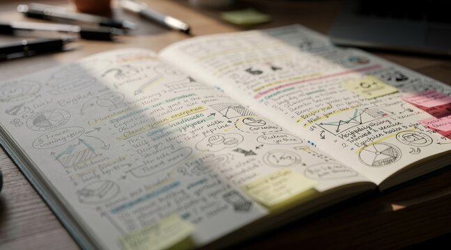 Detailed handwritten notes and diagrams in an open notebook on a wooden desk