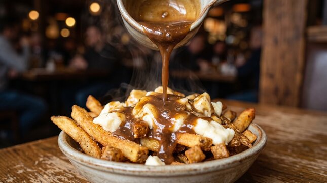 A steaming hot bowl of traditional Canadian poutine featuring golden crispy fried potatoes covered in fresh squeaky cheese curds receives a generous pouring of rich savory gravy inside a tavern