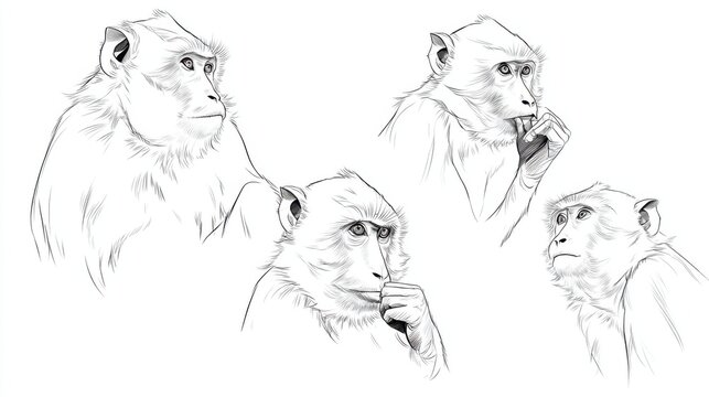 Four Expressions of a Primate in Detailed Line Art Illustration
