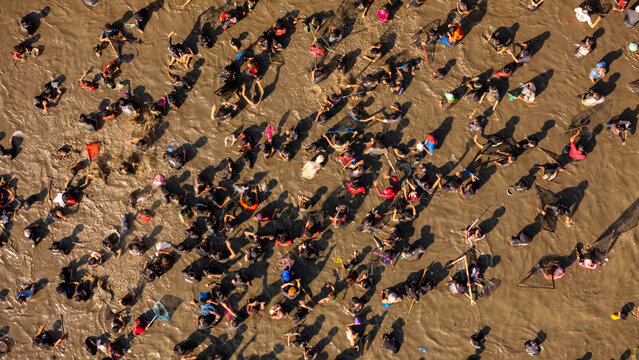 Aerial view of a large crowd of people gathered in a muddy field, many holding fishing nets and participating in a communal activity in Kalikotes, Central Java, Indonesia.