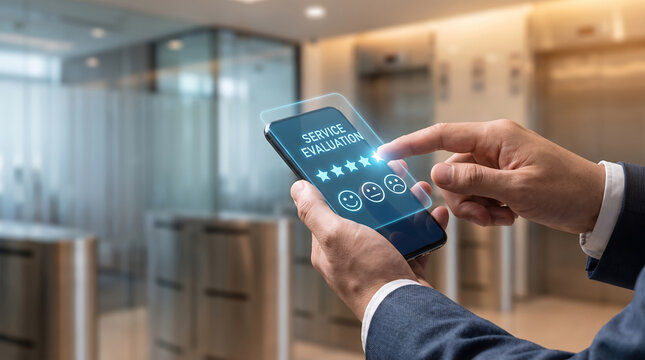 A professional holding a smartphone, touching a glowing digital service evaluation UI, five stars and satisfaction emoticons