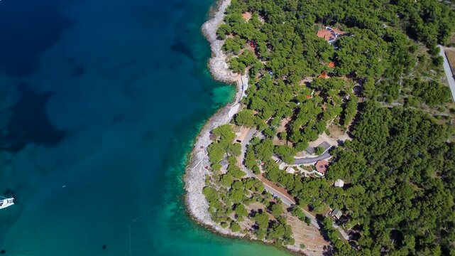 Aerial view of dense pine forests along the rocky Adriatic coastline with clear blue water and winding roads in Jelsa, Split-Dalmatia County, Croatia.