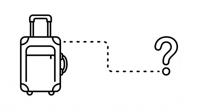 Minimal suitcase with dotted route and question mark symbol representing lost luggage, baggage tracking, missing belongings, travel uncertainty, airport search, unknown destination and transportation 
