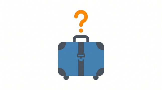Blue travel suitcase with question mark symbol isolated on white background, representing lost luggage, missing baggage, travel uncertainty, airport problem, misplaced belongings, and baggage claim co