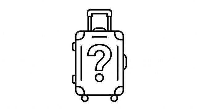 Missing luggage concept with minimalist rolling suitcase and question mark, lost baggage and travel uncertainty illustration, airport luggage problem, misplaced suitcase, baggage search and travel ser