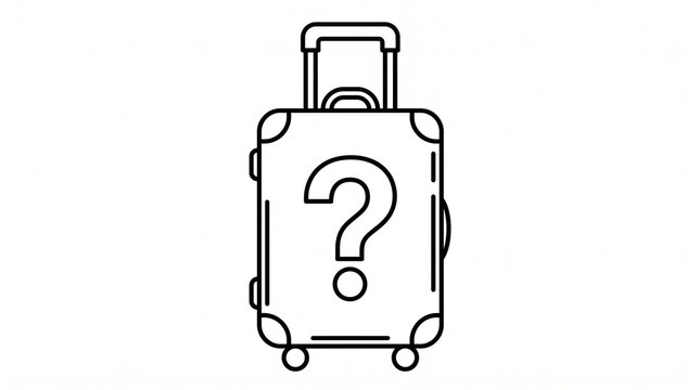 Lost luggage concept with outlined rolling suitcase and large question mark, missing baggage and travel uncertainty, misplaced suitcase, airport baggage problem, travel search and luggage service illu