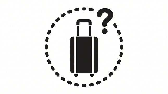 Lost luggage concept with suitcase surrounded by dotted circle and question mark, missing baggage search and travel uncertainty, misplaced suitcase, baggage identification, airport service and travel 