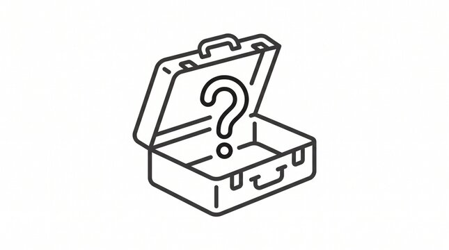 Open luggage with question mark outline icon, empty suitcase travel concept, lost belongings and baggage inspection symbol, minimalist vector illustration isolated on white background