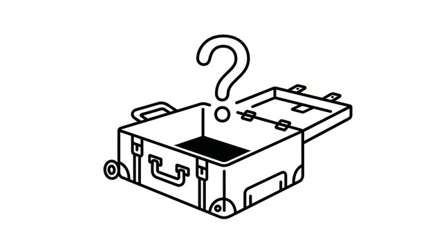 Open suitcase with question mark line icon, missing luggage contents concept, travel baggage inspection symbol, minimalist outline vector illustration isolated on white background