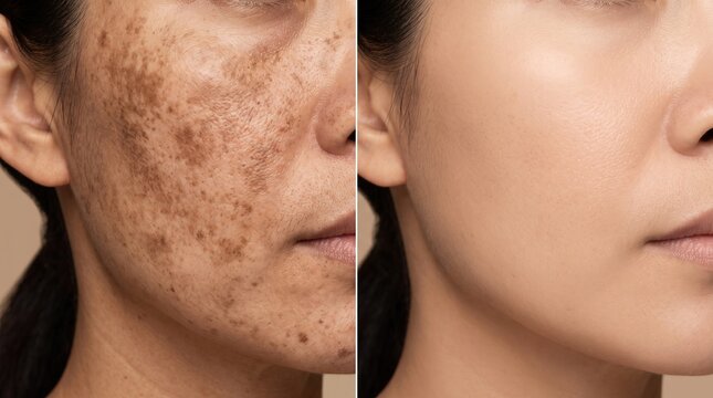 Before and after split comparison of female face hyperpigmentation melasma skin treatment
