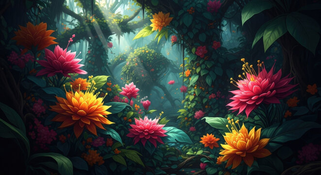 Vibrant and colorful exotic flowers in a lush fantasy jungle, illuminated by soft sunlight filtering through dense foliage.