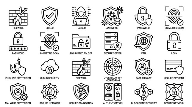 Cyber Security Outline Icons Set. Digital Protection Line Collection
