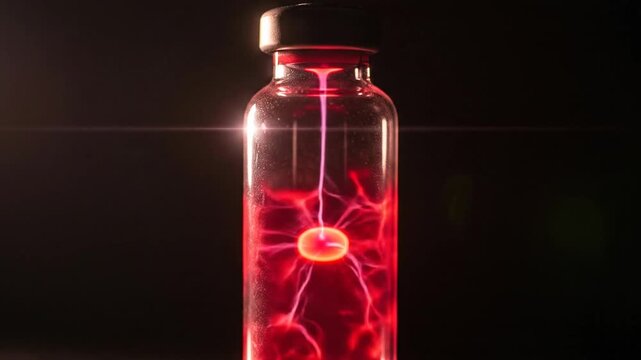 Glowing red plasma energy discharging inside glass bottle in dark laboratory