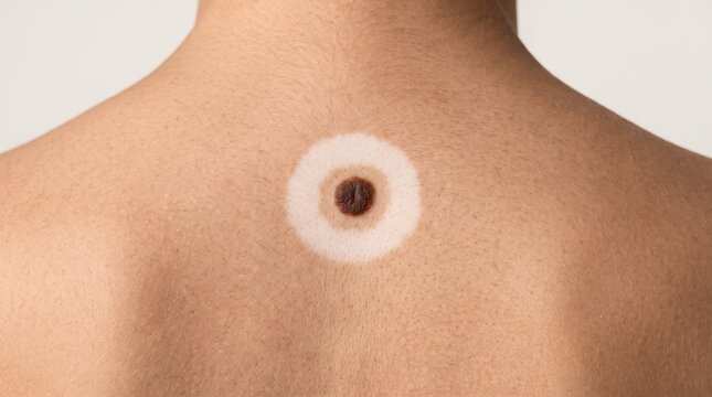 Back view of halo nevus mole surrounded by white depigmented skin ring on human body
