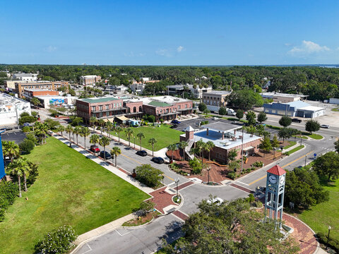 Aerial view of historic downtown Palatka located along the St Johns River in Putnam County, Florida.  