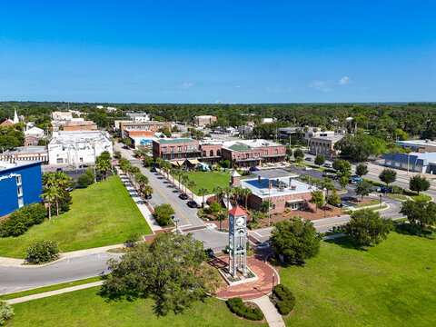 Aerial view of historic downtown Palatka located along the St Johns River in Putnam County, Florida.  