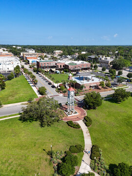 Aerial view of a path leading from Riverfront Park to historic downtown Palatka located along the St Johns River in Putnam County, Florida.  