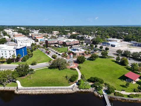 Aerial view of Riverfront Park in historic downtown Palatka located along the St Johns River in Putnam County, Florida.  