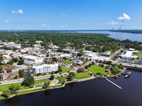 Riverfront Park and historic downtown Palatka with the St Johns River in the background in Putnam County, Florida. 