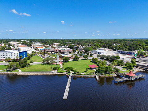 Riverfront Park and historic downtown Palatka along the St Johns River in Putnam County, Florida. 
