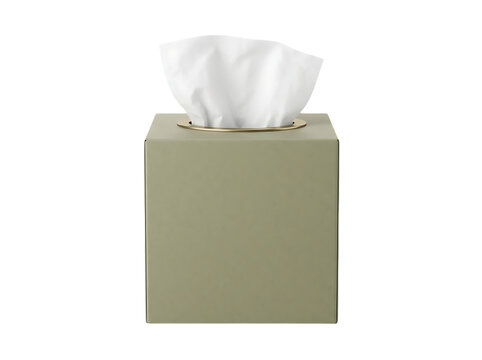 A single cube tissue box with white facial tissues emerging isolated on bathroom sanitary dispenser isolated transparent background household lifestyle transparent background PNG
