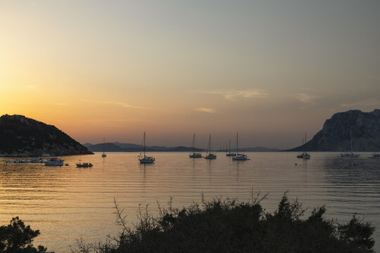 View of sailboats anchored in the calm bay at sunset with rocky cliffs in the background Capo Coda Cavallo, Sardegna, Italy.
