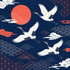 Obraz premium Japanese Crane Pattern with Flying Birds and Traditional Wave Motifs on Dark Blue Background