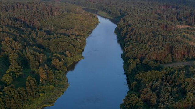 Aerial view of the Nemunas river winding through a dense forest landscape in Liskiava, Alytus County, Lithuania.