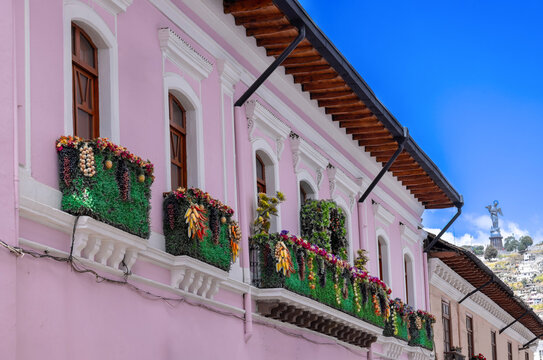 Old Town in Quito, Ecuador. Colonial colorful scenic historic city center streets.