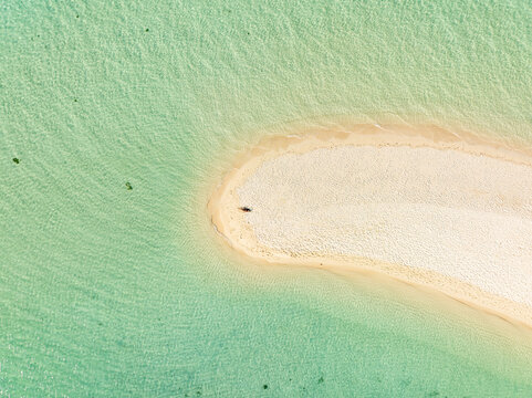 Aerial view of the white sand beach of Malcapuya Island surrounded by clear turquoise water in Coron, Mimaropa, Philippines.