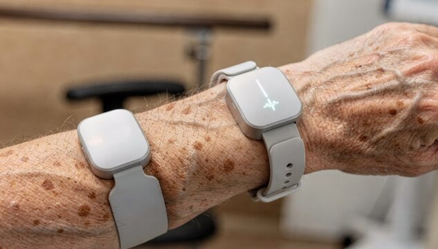 Closeup of advanced smart wearable pulse and movement sensors on an elderly patient with the background interiors softly blurred portraying innovative fall prevention technology.
