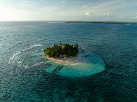 Aerial view of Guyam Island with its lush palm trees and white sand beach surrounded by turquoise waters and coral reefs in General Luna, Caraga, Philippines.