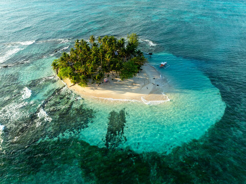 Aerial view of Guyam Island featuring lush palm trees, white sand beaches, and clear turquoise waters surrounded by coral reefs in General Luna, Caraga, Philippines.