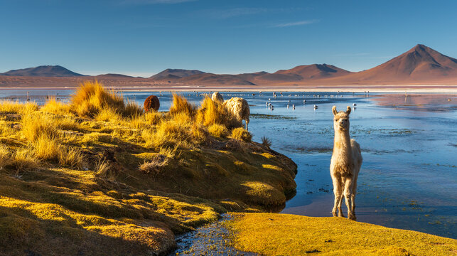 View of llamas grazing on the grassy shore of Laguna Colorada with mountains in the background under a clear blue sky in Sur Lipez, Potosi Department, Bolivia.