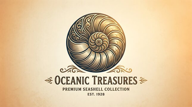 Vintage gold seashell emblem on parchment background