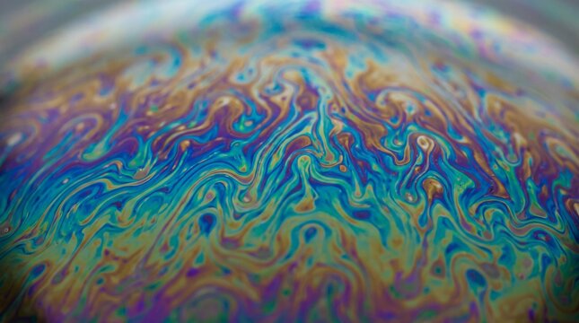 Abstract macro photography of a soap bubble surface with swirling iridescent colors.