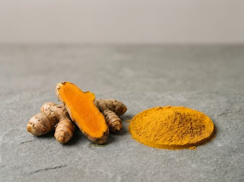 Fresh turmeric roots and powder on a grey background.