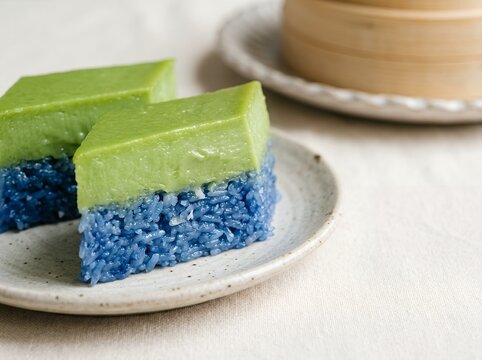 Traditional Kuih Seri Muka Dessert on Plate.