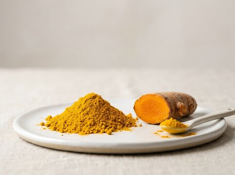 Turmeric powder and fresh root on a white plate.