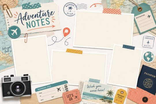Scrapbook photo album page with travel memories and blank frames for pictures. Creative collage with vintage camera, maps, passport, and boarding pass for vacation documentation concept