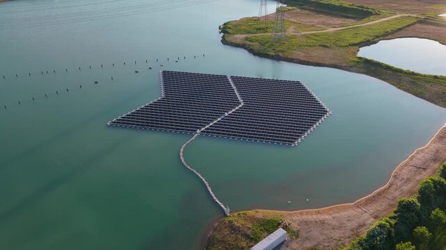 Aerial view of the floating photovoltaic plant of the Rohr company on a lake with solar panels arranged in an arrow shape, connected by a walkway in Bensheim, Hessen, Germany.