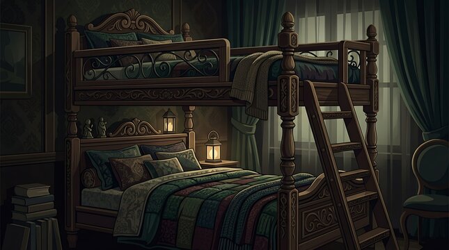 Dark ornate gothic style bunk bed with lanterns and curtains