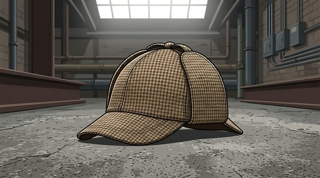 Deerstalker hat on concrete floor in dark basement
