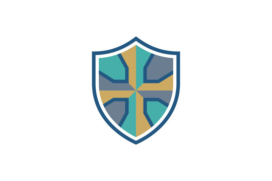 Modern colorful shield logo featuring a stylized cross design for cyber security branding