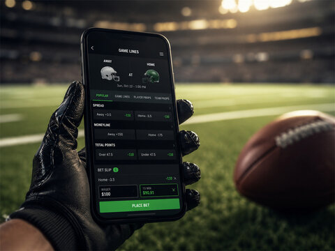 Sports betting app displayed on a smartphone held by a gloved hand beside an american football on the field with stadium lights behind the mobile wagering interface for live game wagering