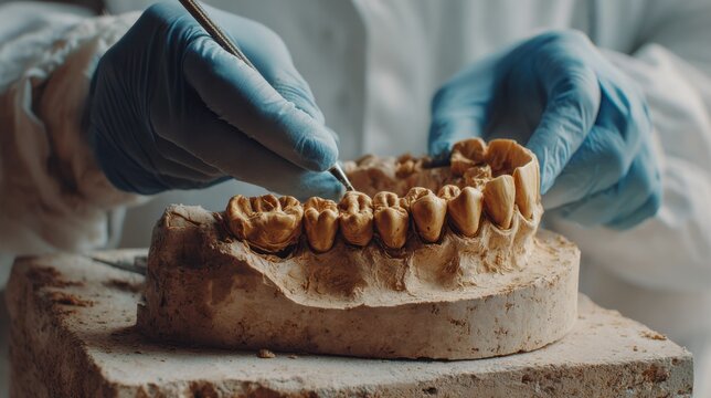 Focused medium shot of dental technician sculpting wax teeth on a stone cast emphasizing natural tooth anatomy replication.