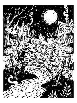 Vampire raccoon scarecrow bunny and witch squirrel crossing wooden bridge over stream in cozy halloween village