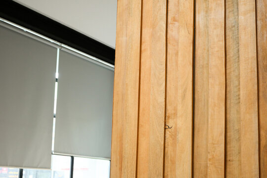 modern architecture background with black steel frame and wooden slat wall