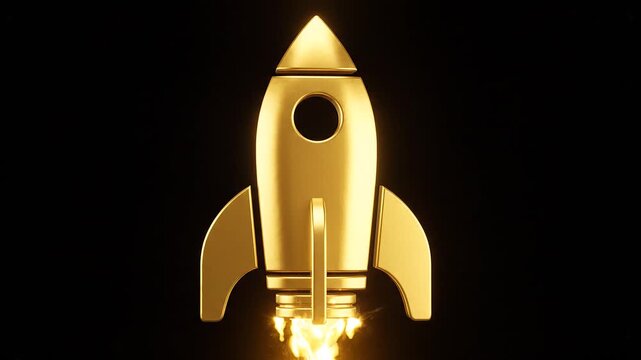 A Gold Rocket Ship Icon Rising with Flames and Smoke Representing Wealth and Business Startup Success Concept