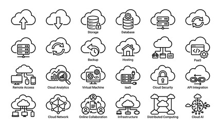 Obraz premium Cloud Computing Outline Icons Set. Cloud Technology Line Collection